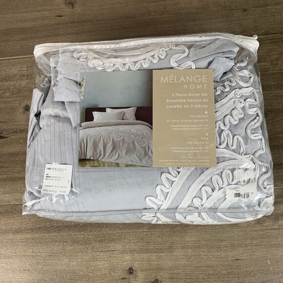 Melange Home King Gray Padma Embroidered Cotton Duvet 3-Piece Set - Picture 2 of 7